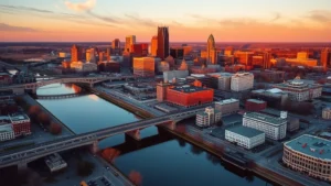 Aerial view of Columbus, Ohio skyline at sunset with downtown buildings reflected in Scioto River, golden hour lighting, vibrant urban landscape