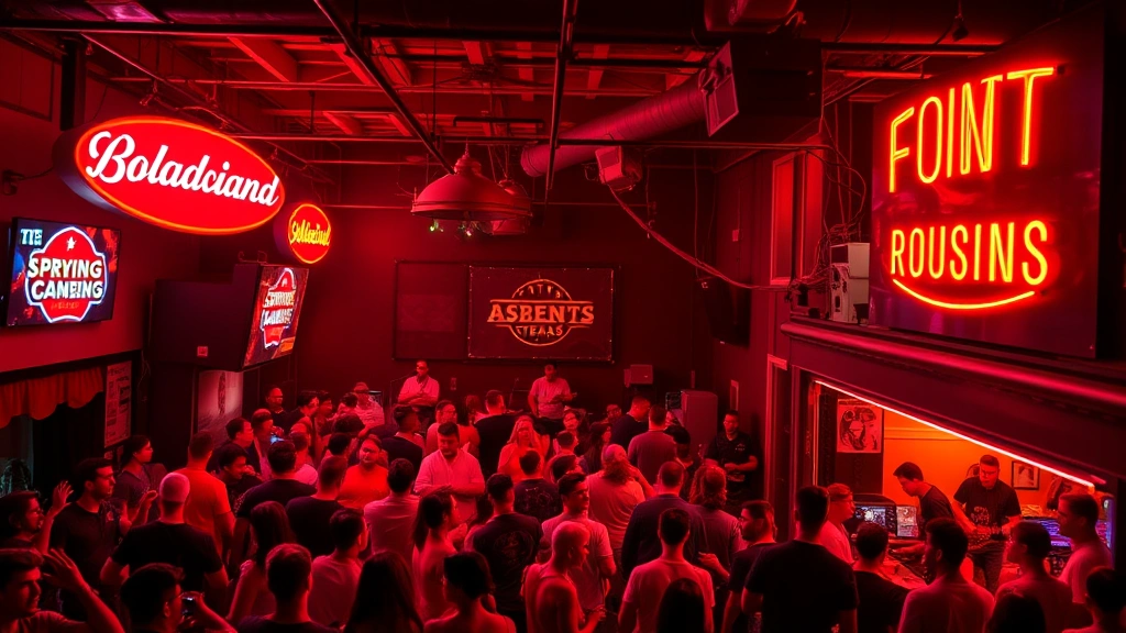 Austin Texas live music venue with neon signs glowing, crowded dance floor with musicians performing, energetic nightlife atmosphere, warm amber lighting