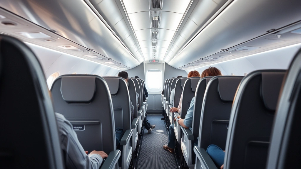 Modern aircraft cabin interior showing comfortable seating rows with passengers, bright natural window light, contemporary airline design, clean professional environment