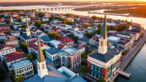 Aerial panoramic view of Charleston historic district with colorful antebellum mansions, church steeples, and waterfront, golden hour lighting, South Carolina