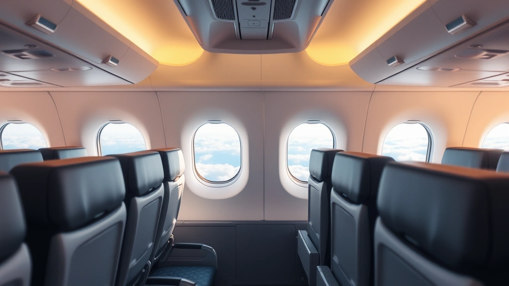 Modern airplane cabin interior with comfortable seats overlooking clouds during flight, natural window light, serene travel atmosphere