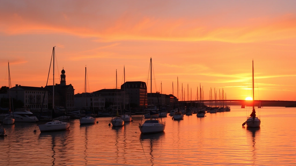 Charleston harbor sunset with sailboats silhouetted against orange and pink sky, historic buildings reflected in calm water, evening golden hour
