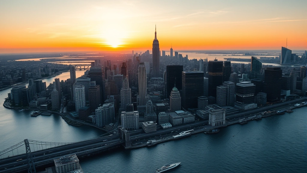 Aerial view of Manhattan skyline at sunset with NYC skyscrapers reflecting in Hudson River, golden hour lighting, bustling cityscape transitioning to water