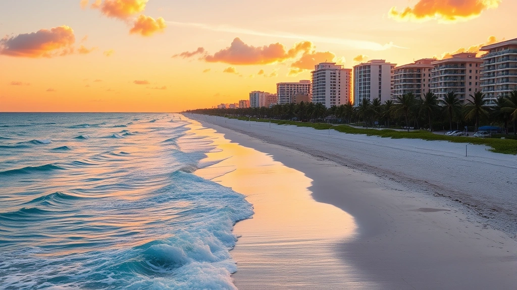 Fort Lauderdale beach sunrise scene with pristine sandy shore, turquoise Atlantic Ocean waves, palm trees, and beachfront buildings in soft morning light