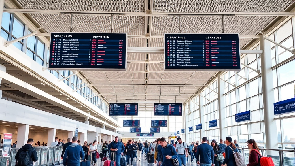 Airport terminal interior showing departure boards, travelers with luggage, modern architecture, natural lighting from windows, diverse passengers moving through concourse