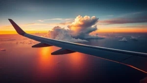 Aerial view of a modern commercial aircraft flying over the Atlantic Ocean at sunset, with golden light reflecting off the wing and ocean below, dramatic clouds visible in the distance