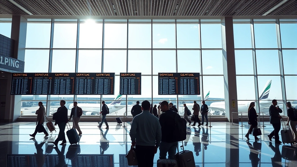 Modern airport terminal interior at JFK or Newark showing international departure boards, travelers with luggage, and large windows with aircraft visible outside, bright natural lighting
