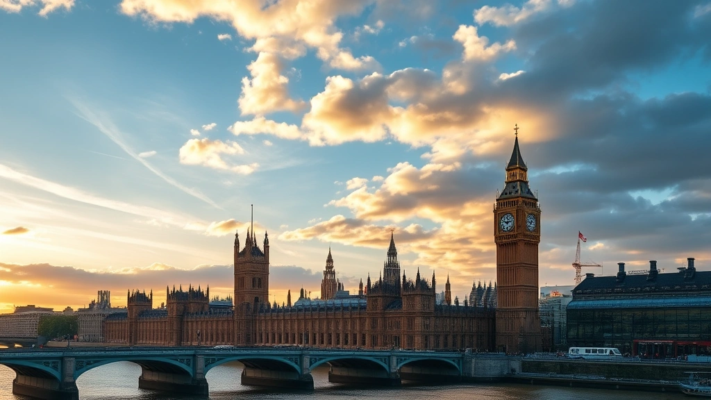Panoramic skyline of London featuring Big Ben, Houses of Parliament, and the Thames River at golden hour with dramatic blue sky and clouds, no street signs or text visible