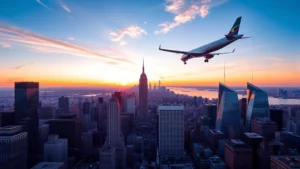 Aerial view of New York City skyline with airplane flying toward sunset, capturing Manhattan skyscrapers and urban landscape from above