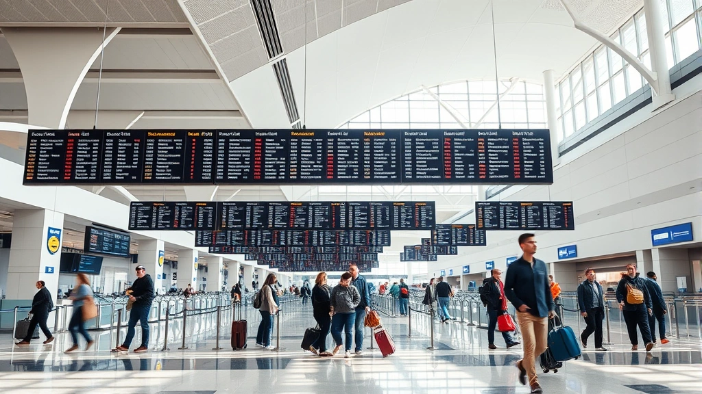 Modern airport terminal interior with international travelers at departure gates, digital flight information displays, clean minimalist architecture, natural lighting, bustling but organized atmosphere