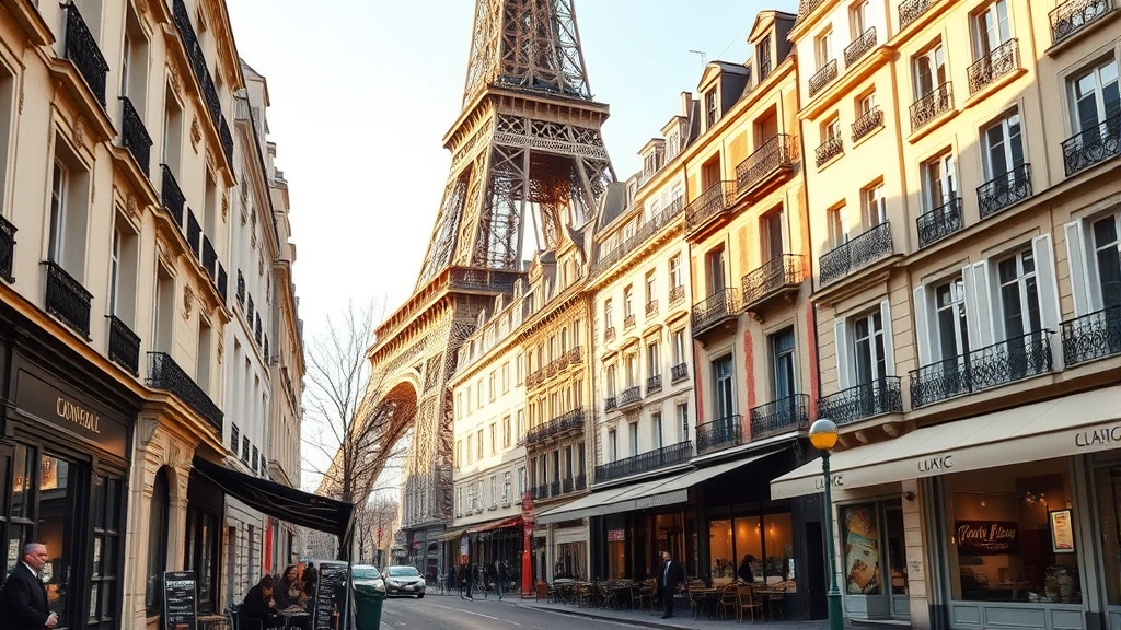 Iconic Parisian street scene with Eiffel Tower in background, charming café with outdoor seating, morning sunlight on historic buildings, European architecture, travel destination aesthetic