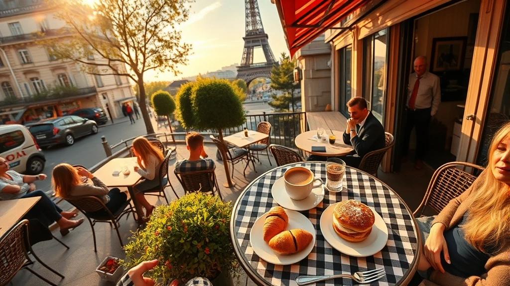Overhead view of Parisian street café with outdoor seating, coffee cups, and pastries on checkered tablecloth, Eiffel Tower visible in background, golden afternoon light, people enjoying drinks
