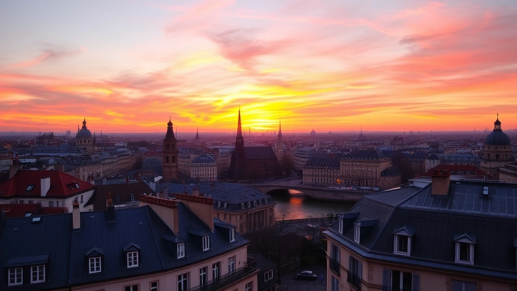 Sunset view over Paris rooftops with Seine river winding through city, historic buildings and monuments silhouetted against orange and pink sky, romantic European cityscape