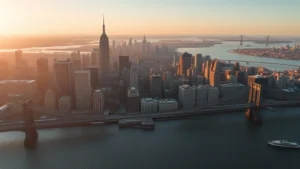 Aerial view of New York City skyline at sunrise with Hudson River and Manhattan bridges, professional photography, bright natural lighting, no text or signs visible