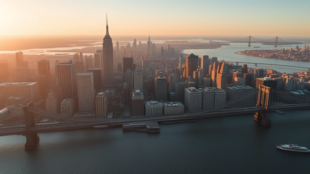 Aerial view of New York City skyline at sunrise with Hudson River and Manhattan bridges, professional photography, bright natural lighting, no text or signs visible