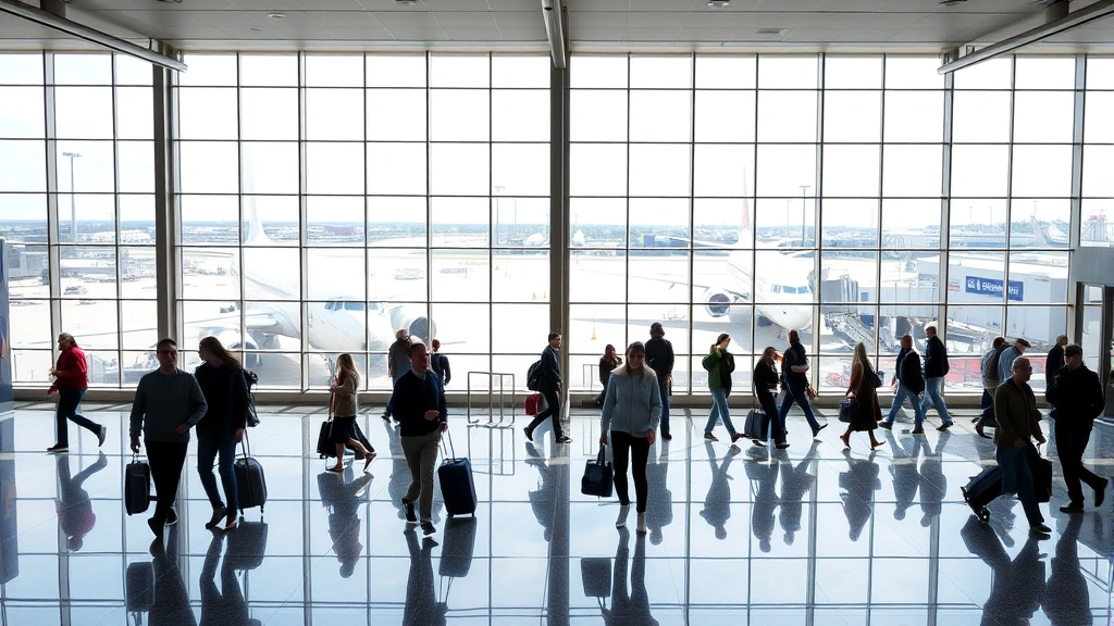 Interior of modern airport terminal with travelers walking through, large windows showing tarmac and aircraft, natural light, busy but organized atmosphere, no visible signage or text