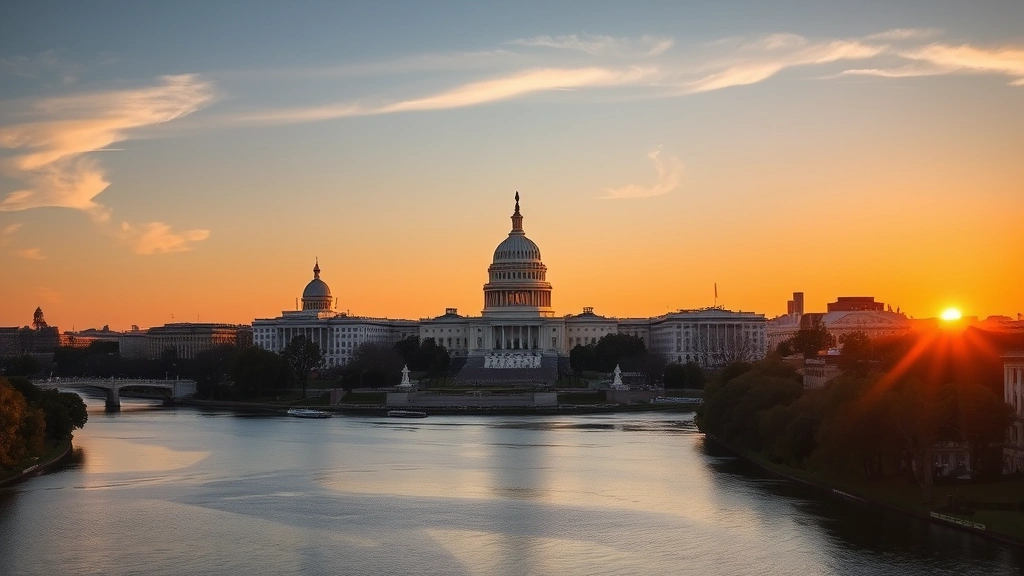 Washington DC skyline featuring the Capitol Building and monuments at golden hour sunset, reflecting in Potomac River, scenic landscape photography, no street signs or text