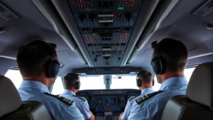 Commercial aircraft cockpit interior with pilots performing pre-flight checks, modern avionics displays visible, professional aviation environment