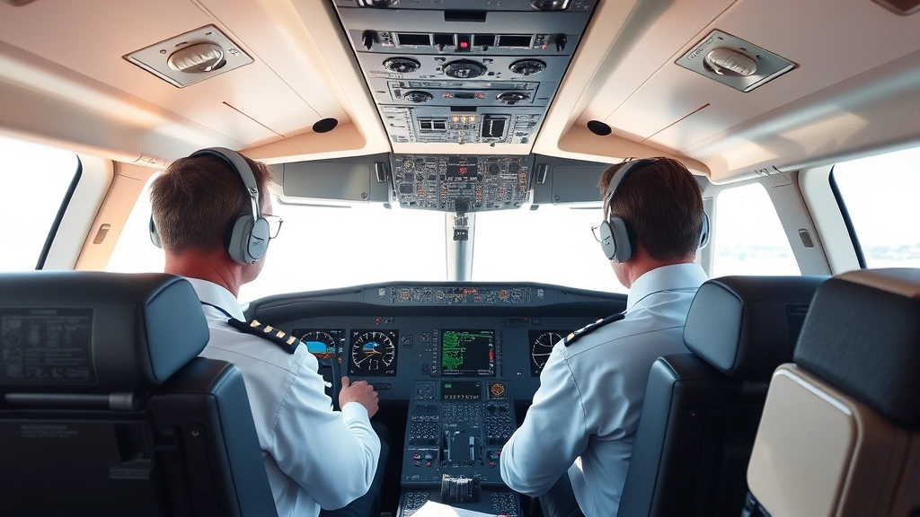 Modern commercial aircraft cockpit with pilots operating advanced avionics systems, bright daylight, professional environment, detailed instrument panels visible