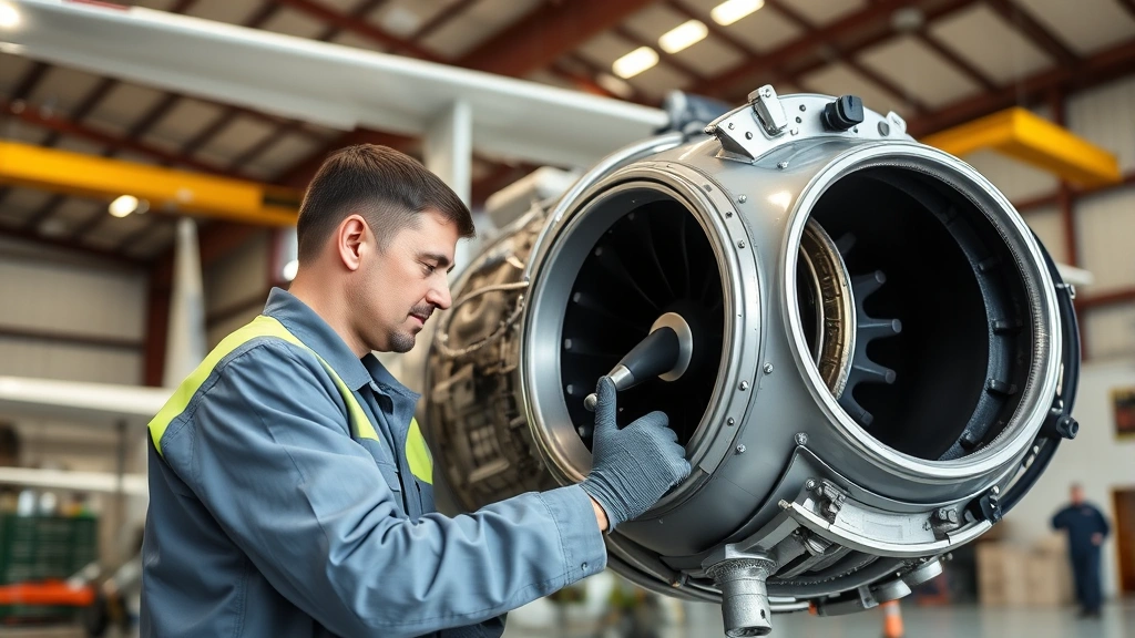Maintenance technician inspecting aircraft engine components in hangar, detailed mechanical work, professional aviation maintenance facility
