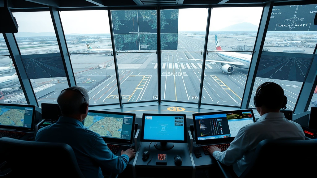 Air traffic control tower interior with controllers monitoring radar screens and aircraft positions, modern technology, professional aviation operations center