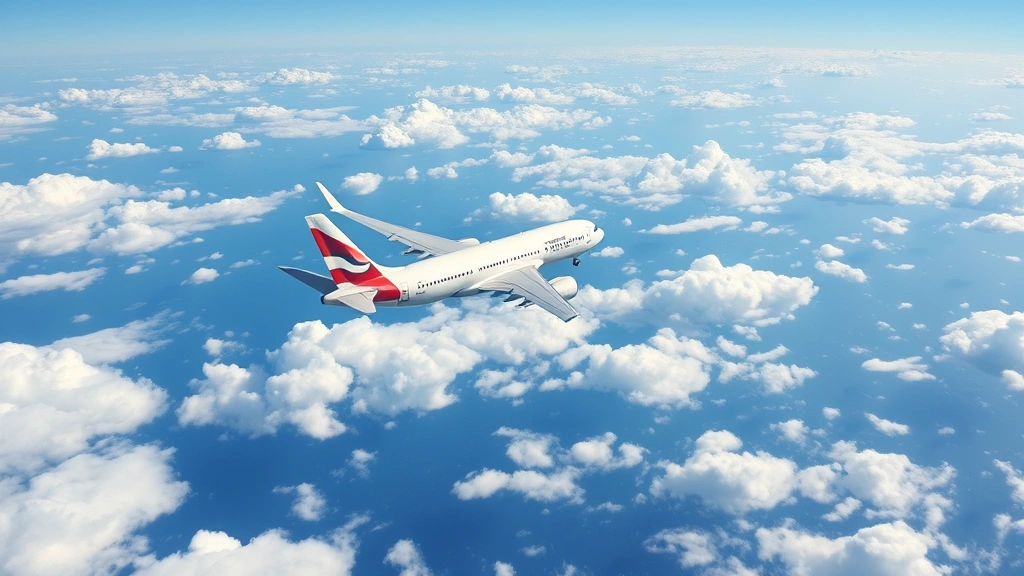 Commercial airplane cruising at altitude through clear blue sky with white clouds below, peaceful journey, reliable aircraft in perfect flight conditions