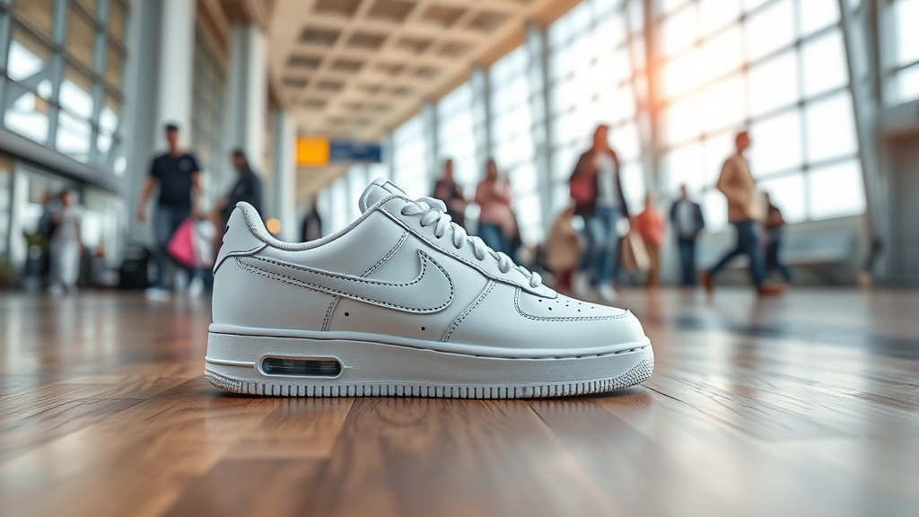 Overhead view of white Nike Air Flight sneakers on a wooden airport terminal floor with blurred passengers walking in background, natural daylight streaming through large windows