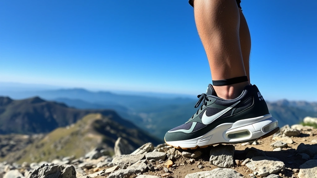 Close-up profile shot of Nike Air Flight shoe being worn while standing on rocky mountain trail overlooking distant valley landscape, clear blue sky visible