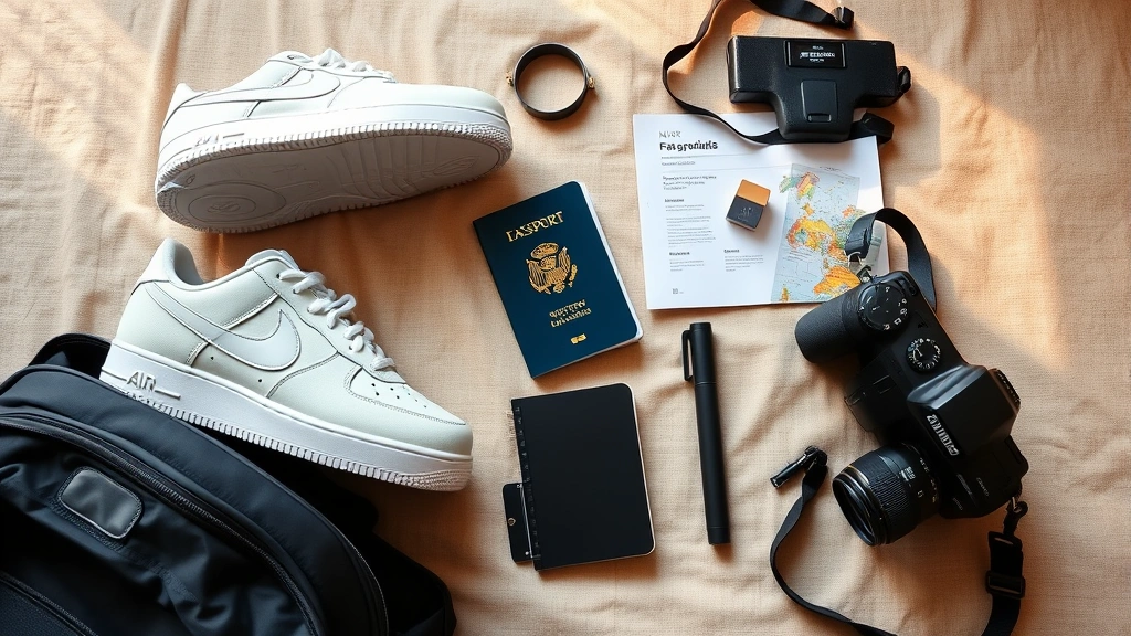 Flat lay arrangement of packed travel essentials including Nike Air Flight shoes, passport, camera, and travel documents on neutral fabric background with warm natural lighting