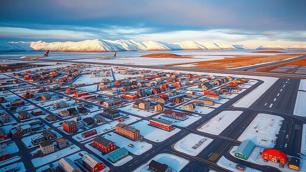 Aerial view of Nuuk, Greenland with colorful buildings and Arctic landscape, snow-covered mountains in background, modern airport runway visible, golden hour lighting