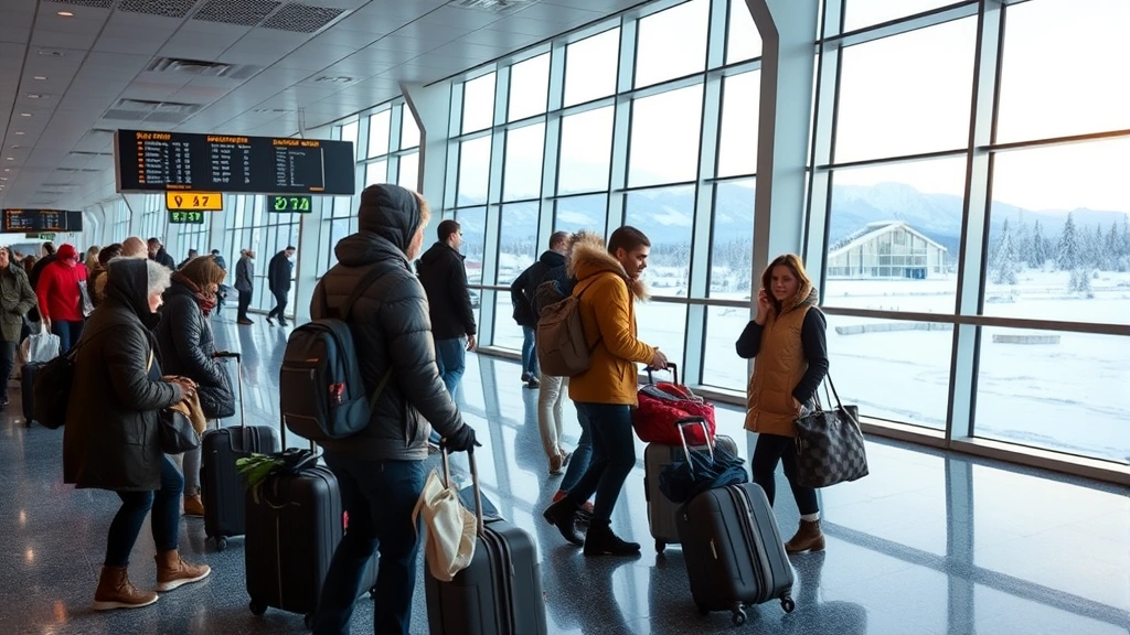 Interior of modern airport terminal with Arctic travelers checking luggage, large windows showing snowy landscape, flight information displays, international travelers with winter gear