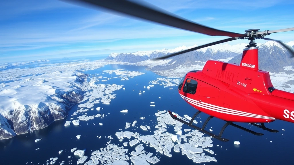 Helicopter flying over Greenland fjords with icebergs and pristine Arctic scenery, mountains and glaciers, alternative transport option showing dramatic polar landscape