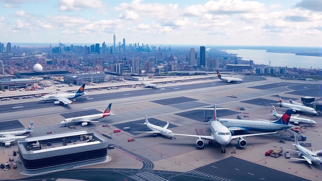 Aerial view of LaGuardia Airport in New York City with multiple aircraft on tarmac, modern terminals, and surrounding Manhattan skyline visible in background