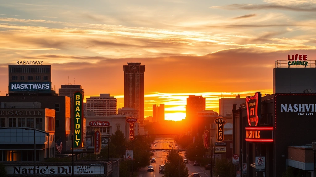 Nashville skyline at golden hour with iconic Broadway neon signs and honky-tonk venues glowing, urban Tennessee landscape, warm evening lighting, no people visible