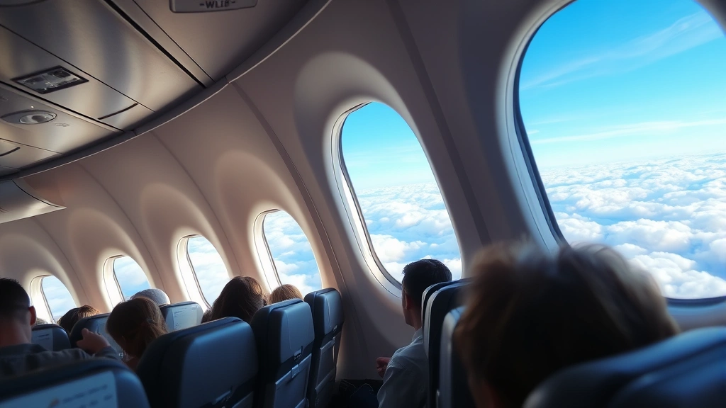 Modern airplane cabin interior during flight with passengers seated, window showing clouds and sky below, commercial aircraft interior design, bright natural light from windows