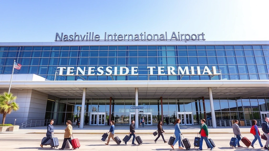 Nashville International Airport BNA terminal exterior modern architecture with Tennessee-style design elements, contemporary building facade, bright daylight, travelers with luggage in foreground