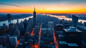 Aerial view of NYC skyline with Hudson River and Manhattan skyscrapers at golden hour sunset, vibrant cityscape with glowing buildings and bustling streets below