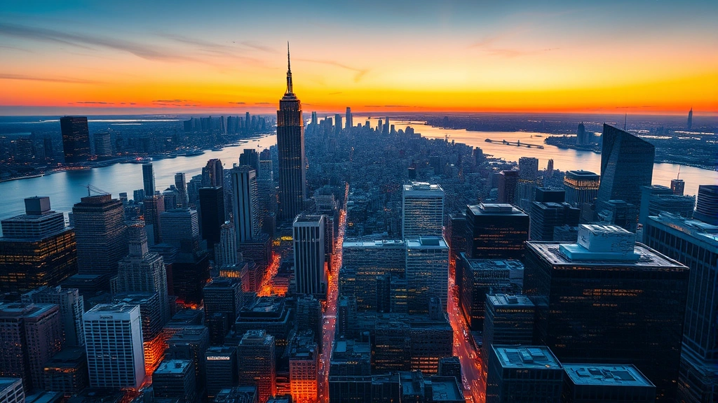 Aerial view of NYC skyline with Hudson River and Manhattan skyscrapers at golden hour sunset, vibrant cityscape with glowing buildings and bustling streets below
