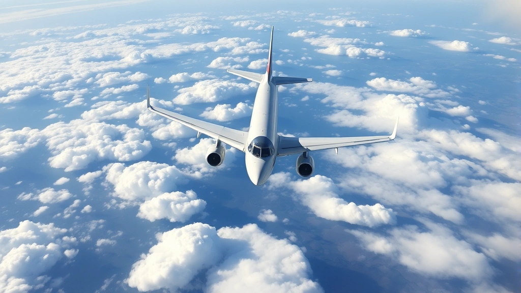 Modern commercial airplane flying above white clouds with blue sky, mid-flight over landscape with wing visible, bright daylight conditions showing aircraft in motion