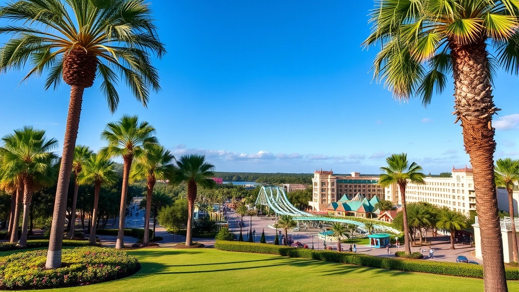 Orlando theme park landscape with palm trees, clear blue sky, tropical vegetation, and colorful modern attractions visible in distance, sunny day with green grass and resort buildings