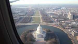 Aerial view of Washington DC monuments and National Mall from airplane window during daytime, showing the Potomac River and Capitol building below