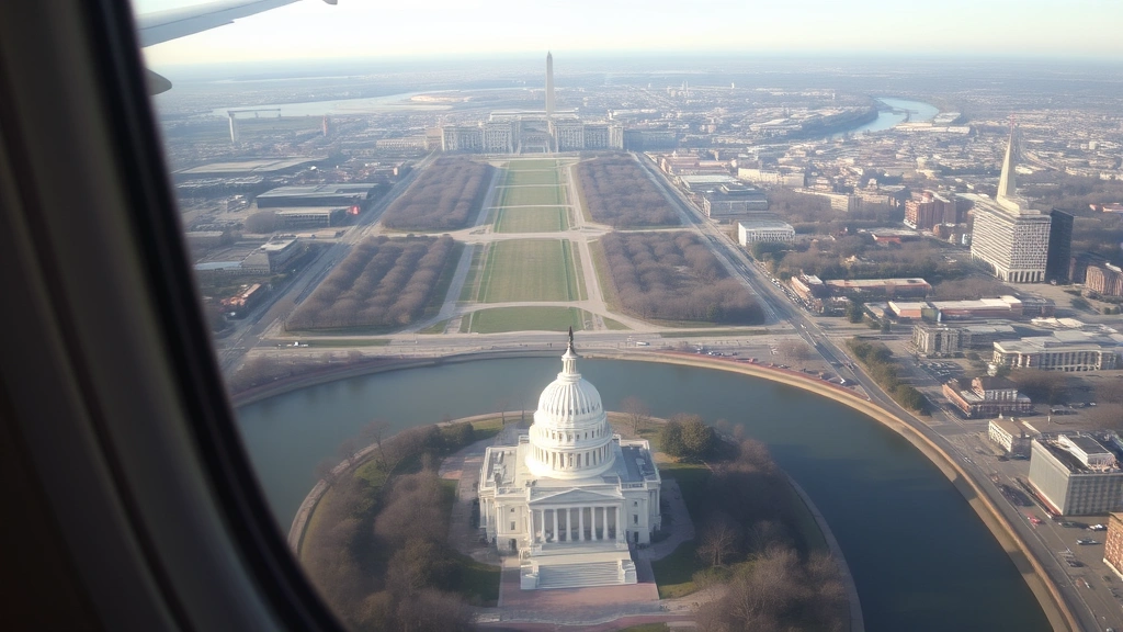 Aerial view of Washington DC monuments and National Mall from airplane window during daytime, showing the Potomac River and Capitol building below