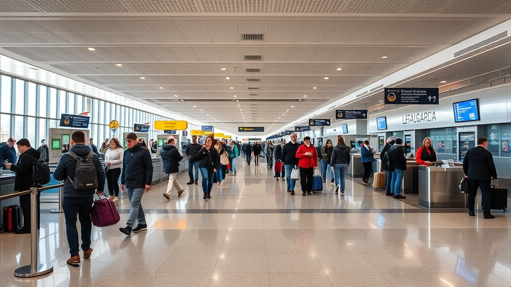 Busy LaGuardia or Newark airport terminal with travelers checking in at counters and moving through security, bright modern airport architecture
