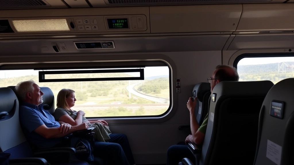 Travelers relaxing in Amtrak Northeast Regional train car with comfortable seating, window views of Northeast Corridor landscape passing by