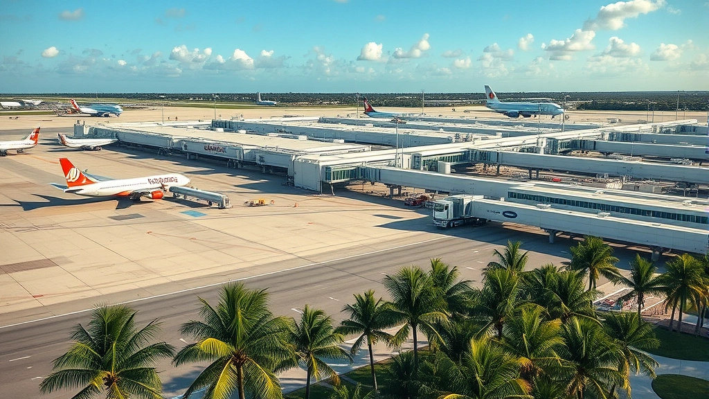 Aerial view of Orlando International Airport (MCO) with planes parked at gates, palm trees visible below, clear Florida sky, photorealistic daytime photography