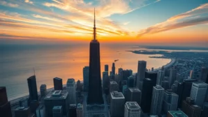 Aerial view of Chicago skyline with Lake Michigan and Willis Tower prominent, photographed during golden hour sunset with warm orange and blue tones reflecting off water