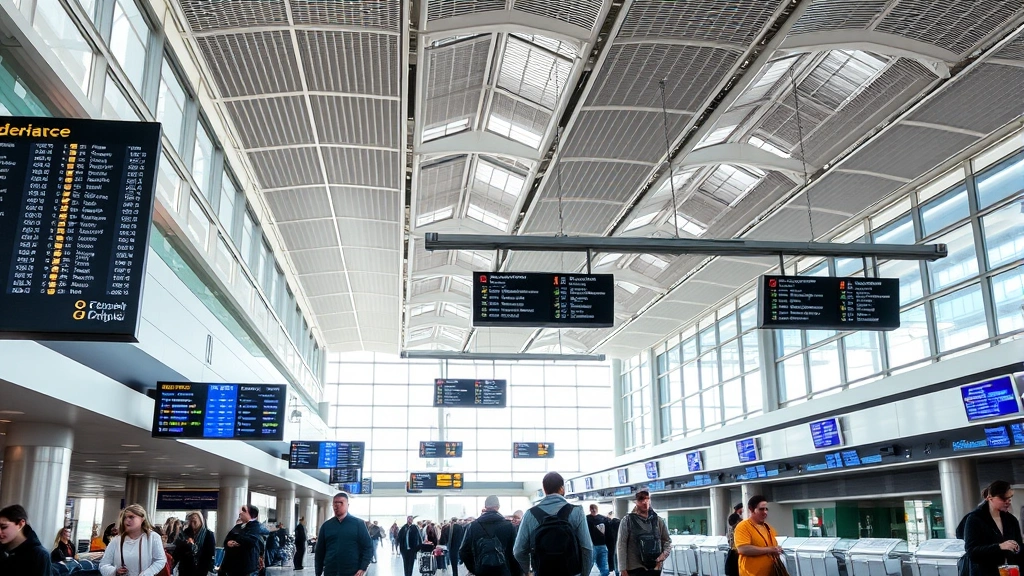 Chicago O'Hare International Airport interior showing modern departure hall with travelers, flight information displays, natural light from windows, bustling airport atmosphere