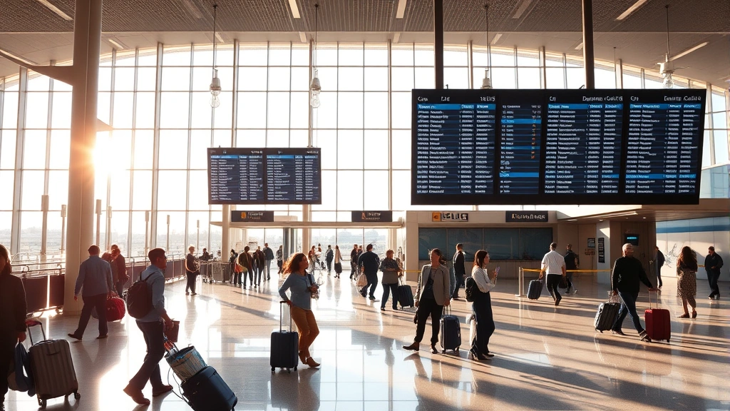 Modern airport terminal interior showing departure boards displaying flight information, travelers with luggage, and bright natural lighting from large windows