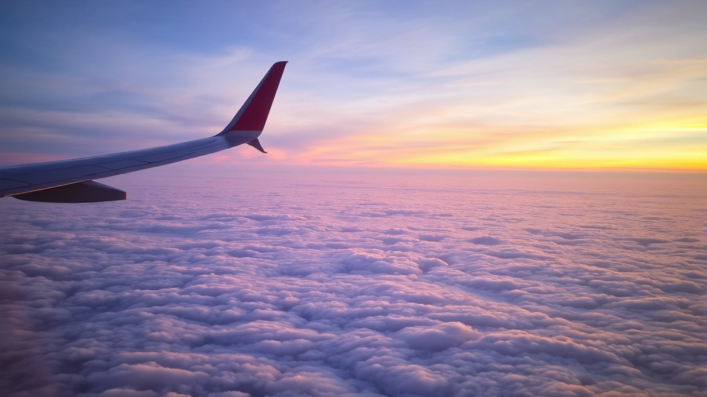 Airplane wing during flight with clouds below, sunrise or sunset lighting, aerial perspective showing journey between destinations