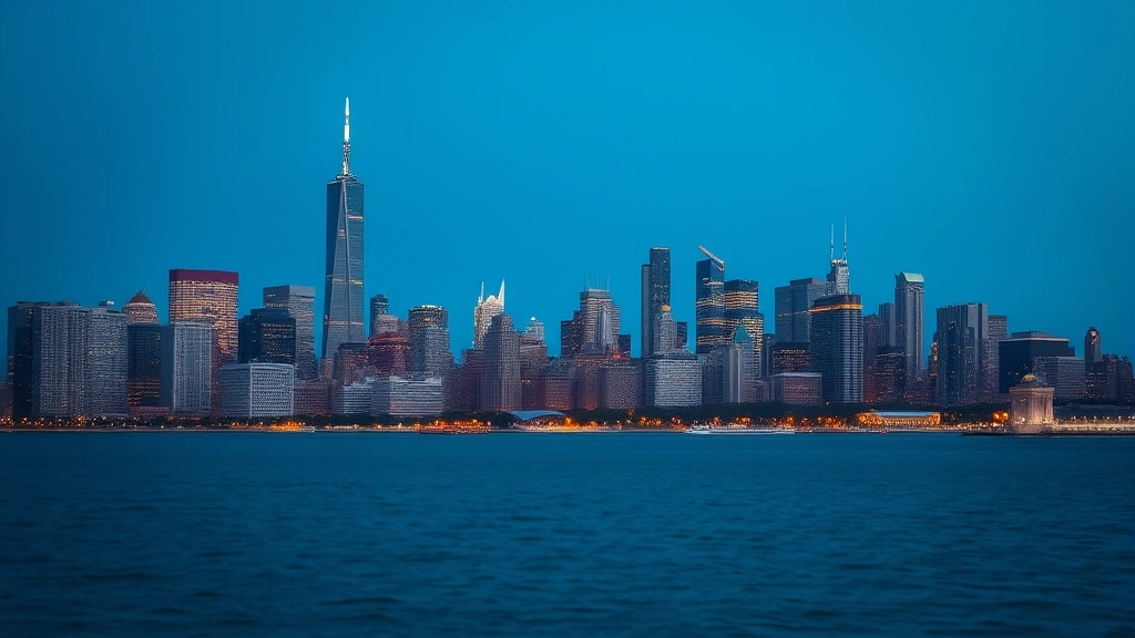 Scenic view of Chicago skyline with Lake Michigan in foreground, Willis Tower and modern skyscrapers visible, blue water and city lights, taken from elevated perspective